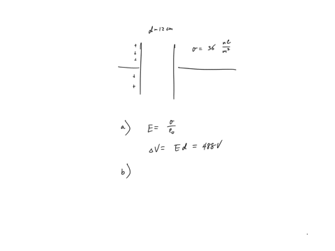 two-parallel-plates-having-charges-of-equal-magnitude-but-opposite-sign-are-separated-by-120-cm-each-plate-has-a-surface-charge-density-of-360-ncm2-a-proton-is-released-from-rest-at-the-posi-50393