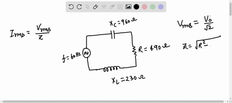 the-60-hz-ac-source-of-a-series-circuit-has-voltage-amplitude-of-120-v-the-resistance-capacitive-reactance-and-inductive-reactance-are-as-shown-in-the-figure-what-is-the-rms-current-in-the-c-18957