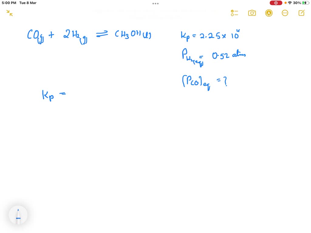 SOLVED: The partial pressure of CH3OH, CO and H2 in the equilibrium ...