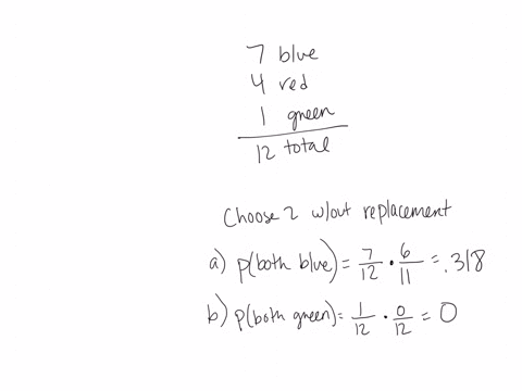 a-box-contains-12-balls-7-blue-4-red-and-1-green-two-balls-are-selected-without-replacement-find-the-following-probabilities-and-round-answers-to-three-decimal-places-a-pboth-balls-are-blue-b-pboth-ba
