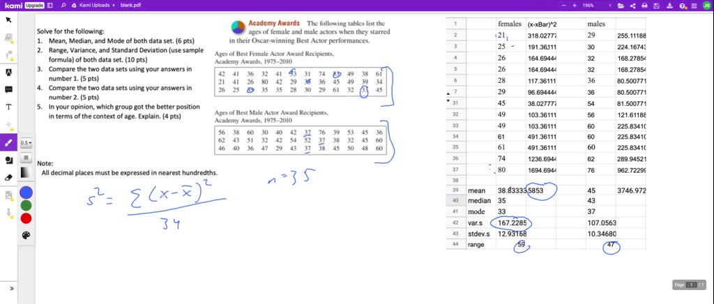 Solved The lists represent the age of actors (M) and