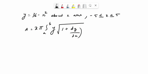 write-and-evaluate-the-definite-integral-that-represents-the-area-of-the-surface-generated-by-revolving-the-curve-on-the-indicated-interval-about-the-x-axis-y-36-x2-5-x-5-57398