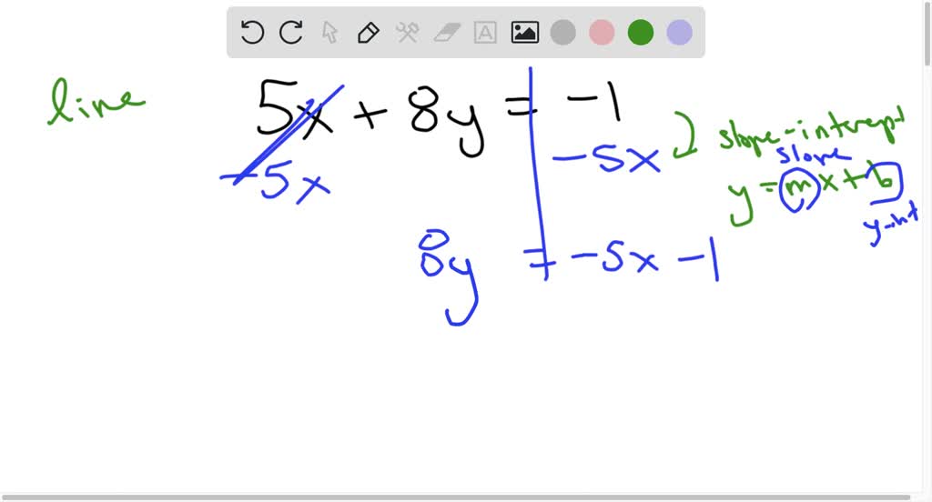 SOLVED: Consider the line 5x + 8y = -1 What is the slope of a line ...