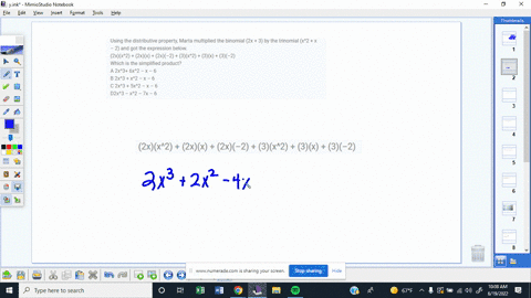 pleasee-help-anyone-using-the-distributive-property-marta-multiplied-the-binomial-2x-3-by-the-trinomial-x2-x-2-and-got-the-expression-below-2xx2-2xx-2x2-3x2-3x-32-which-is-the-simplified-pro-58633