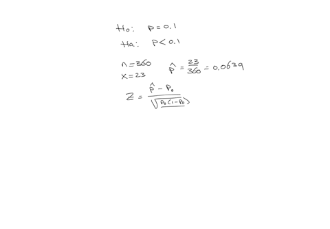 you-wish-to-test-the-following-claim-h-a-at-a-significance-level-of-0002-h-o-p-01-h-a-p-01-you-obtain-a-sample-of-size-n-360-in-which-there-are-23-successful-observations-a-what-is-the-test-statistic-
