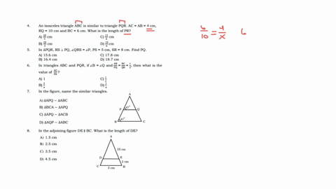 an-isosceles-triangle-abc-is-similar-to-triangle-pqr-ac-ab-4-cm-rq-10-cm-and-bc-6-cm-what-is-the-length-of-pr-3-cm-c-cm-b-3-cm-d-cm-in-apqr-rs-_-pq-zqrs-lp-ps-5-cm-sr-8-cm_-find-pq-a-156-cm-53068