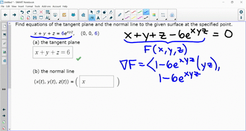 find-equations-of-the-tangent-plane-and-the-normal-line-to-the-given-surface-at-the-specified-point_-xy-2-6exyz-0-0-6-a-the-tangent-plane-ryz-6-b-the-normal-line-xt-yt-zt-23523