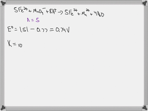 for-the-following-reaction-at-25-oc5fe2aq-mno4aq-8haq-5fe3aq-mn2aq-4h2olcalculate-a-the-standard-potential-b-the-equilibrium-constant-and-c-the-potential-under-these-conditions-fe2-050-m-fe3-75883