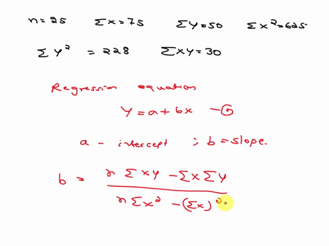 in-a-regression-analysis-n25-ax-75-ay-50-ax2-625-ay2-228-axy-30-find-the-regression-equation-and-interpret-it-84465