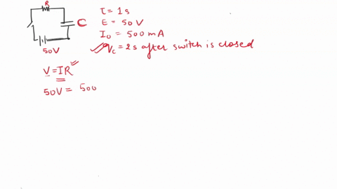 a-series-rc-circuit-has-time-constant-of-10-s-the-battery-has-3-voltage-of-50-v-and-the-maximum-current-just-after-closing-the-switch-is-500-ma-the-capacitor-is-initially-uncharged-what-is-t-35597