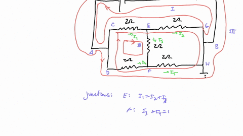 five-resistors-each-of-20-omega-have-been-connected-as-shown-in-the-figure-below-with-a-battery-of-emf-varepsilon2-mathrmv-with-b-being-at-zero-potential-i-write-the-loop-law-for-adfhbja-acegbja-ceghf