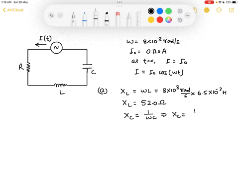 part-m-the-current-in-an-l-r-c-series-circuit-has-amplitude-120-a-and-angular-frequency-800-103-rad-and-it-has-its-maximum-positive-value-at-t-tne-resistance-the-inductance-is-50-mh-and-the-74428