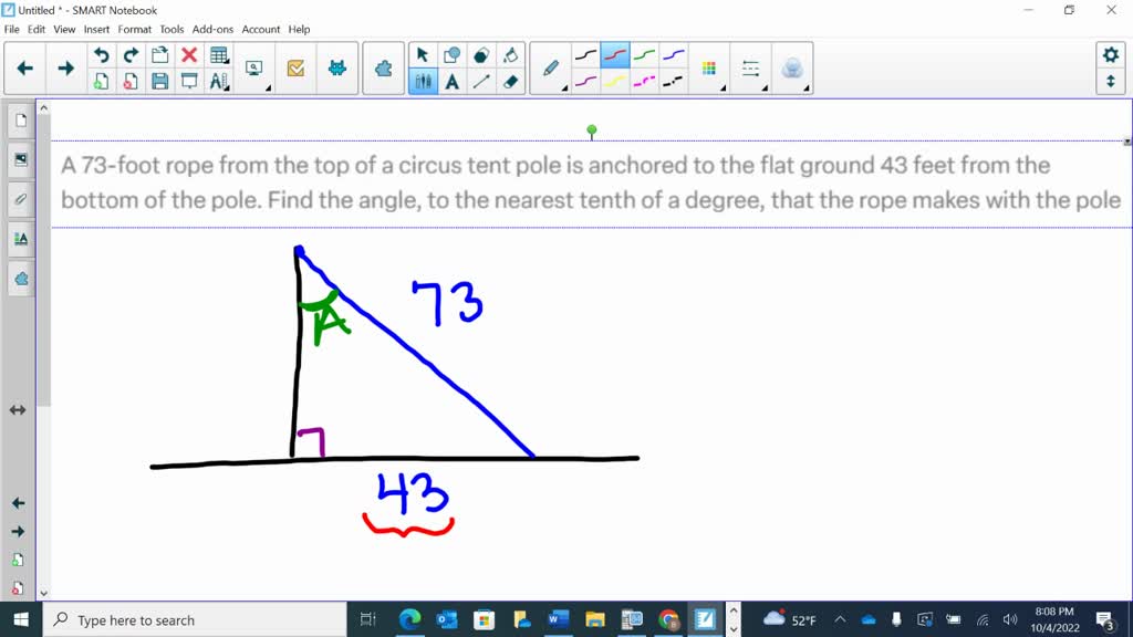 SOLVED: A 73-foot rope from the top of a circus tent pole is anchored ...