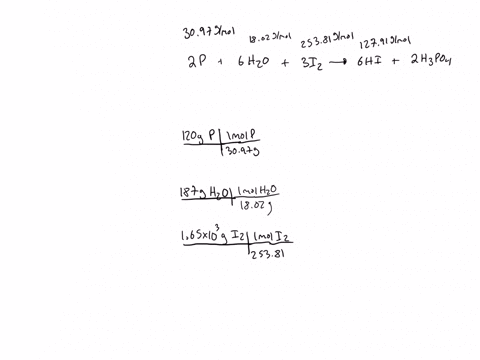 consider-the-reaction-of-phosphorus-with-water-and-iodine-2p-s-6h2o-l-3i2-s-6hi-aq-2h3po3-aq-determine-the-limiting-reactant-in-a-mixture-containing-120-g-of-p-187-g-of-h2o-and-165103-g-of-i-84342