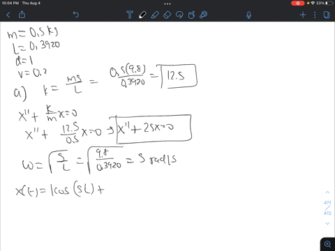 in-each-of-the-questions-below-hanging-a-mass-m-from-a-spring-stretches-the-spring-l-meters-from-its-unloaded-length_-calculate-the-spring-constant-k-write-the-differential-equation-that-gov-48776