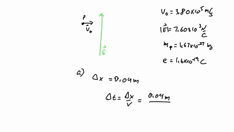 a-proton-moves-at-380-105-ms-in-the-horizontal-direction-it-enters-a-uniform-vertical-electric-field-with-a-magnitude-of-760-103-nc-ignore-any-gravitational-effects-a-find-the-time-interval-required-f