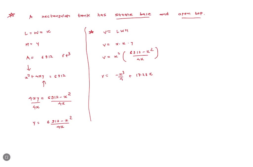 SOLVED A rectangular tank with a square base, an open top, and a