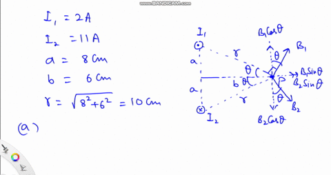 two-long-straight-wires-carry-currents-in-the-directions-shown-in-the-figure-above-i1-2-a12-11-aa-8-cm-b-6-cm-find-the-magnetic-field-strength-at-point-p-b-jt-b-what-force-would-m-of-a-third-59507