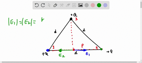 three-identical-charges-q-are-placed-at-the-vertices-of-an-equilateral-triangle-as-shown-in-the-figure-the-length-of-each-side-of-the-triangle-is-d-determine-the-magnitude-and-direction-of-t-55917