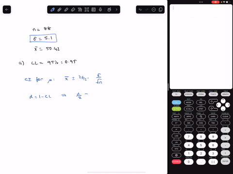 a-sample-of-size-n88-is-drawn-from-a-normal-population-whose-standard-deviation-is-o51-the-sample-mean-is-x-bar-5042-a-construct-a-95-confidence-interval-for-mul-round-the-answer-to-at-least-12876