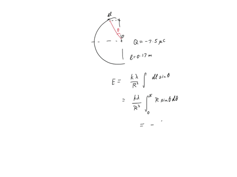 uniformly-charged-insulating-rod-of-length-170-cm-is-bent-into-the-shape-of-a-semicircle-as-shown-in-the-figure-below_-the-rod-has-a-total-charge-of-750-hc-a-find-the-magnitude-of-the-electr-43392