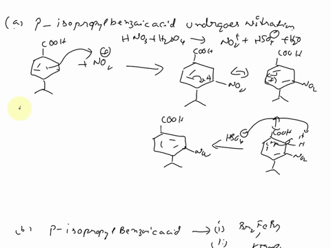 please-answer-both-questions-provide-the-complete-mechanism-using-curved-arrow-formalism-for-the-reaction-of-p-isopropylbenzoic-acid-undergoing-nitration-tell-how-many-peaks-in-the-1h-and-13-13281
