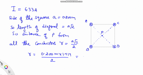 four-long-parallel-conductors-carry-equal-currents-of-i-633-a-the-figure-shown-below-is-an-end-view-of-the-conductors-the-direction-of-the-current-is-into-the-page-at-points-a-and-b-indicate-56513