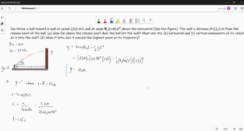 you-throw-a-ball-toward-a-wall-at-speed-250-ms-and-at-angle-_0400-above-the-horizontal-see-the-figure-the-wall-is-distance-d220-m-from-the-release-point-of-the-ball-a-how-far-above-the-release-point-2