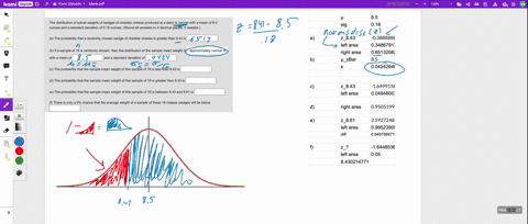 the-distribution-of-actual-weights-of-wedges-of-cheddar-cheese-produced-at-a-dairy-is-normal-with-a-mean-of-85-ounces-and-a-standard-deviation-of-018-ounces-round-all-answers-to-4-decimal-pl-46073