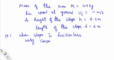 a-109-mathrmkg-man-is-skiing-across-level-ground-at-a-speed-of-11-mathrmm-mathrms-when-he-comes-to-the-small-slope-h23-mathrmm-higher-than-ground-level-of-length-d6-mathrmm-as-shown-in-the-above-figur