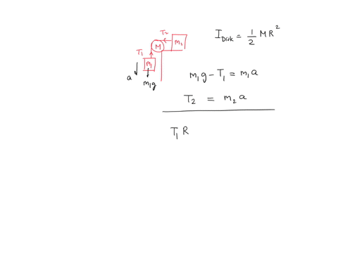 a-system-consits-of-two-masses-and-a-pulley-the-hanging-mass-accelerates-downwards-with-an-acceleration-of-magnitude-a-at-the-instant-shown-find-an-expression-for-the-tensions-t_1-and-t_2-and-the-line