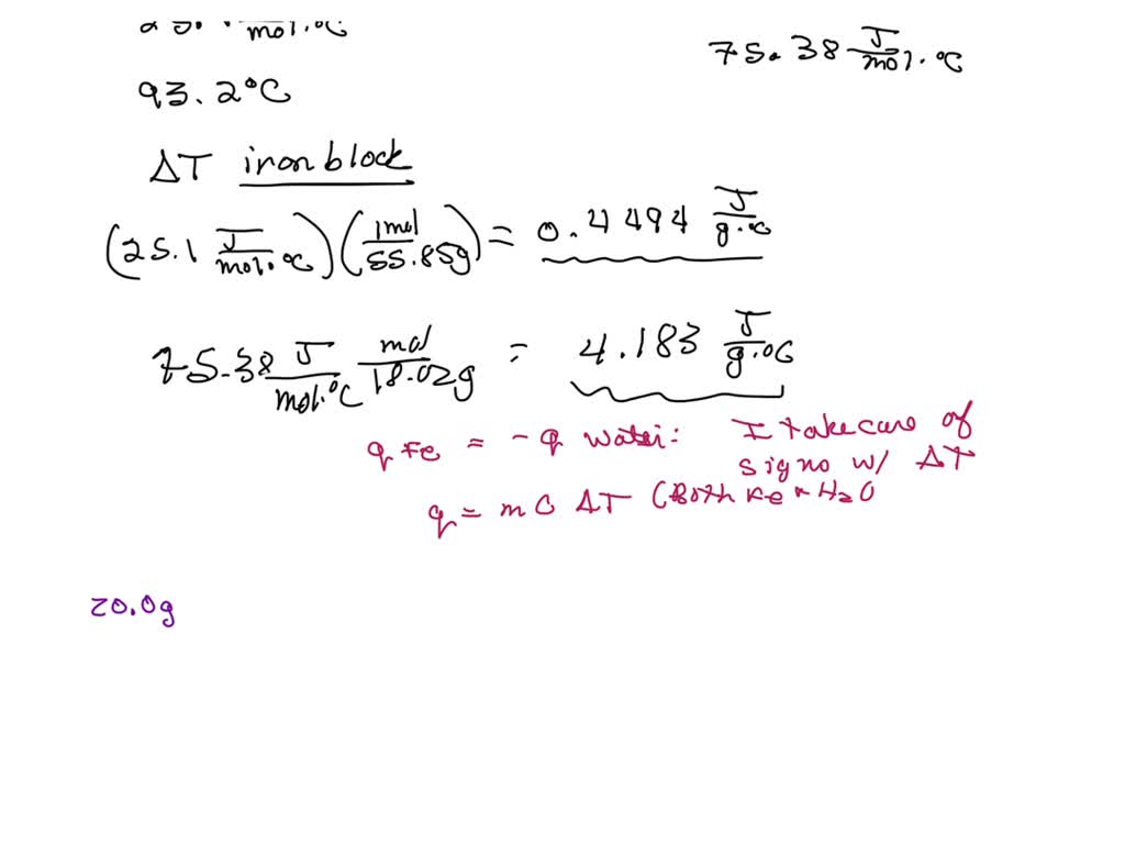 SOLVED: A 20.0 g block of iron (molar heat capacity 25.1 J/mol･°C) at ...