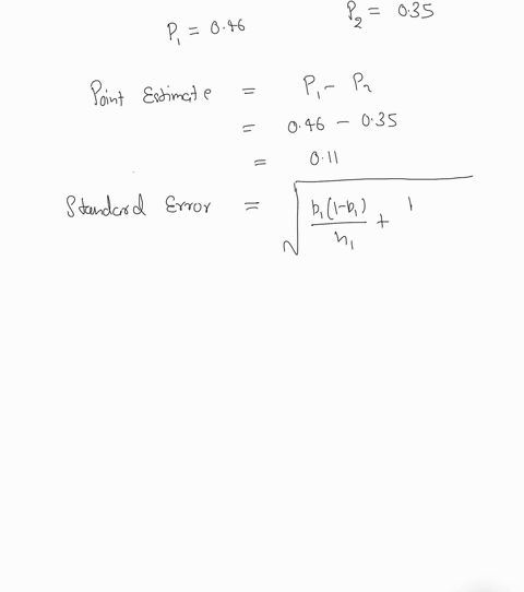 1-consider-the-following-results-for-independent-samples-taken-from-two-populations-sample-1-sample-2-n1-400-n2-300-p1-046-p2-035-b-develop-a-90-confidence-interval-for-the-difference-betwee-32594