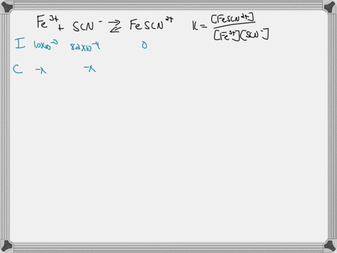 consider-the-following-reaction-fe3aqscnaqfescn2aq-a-solution-is-made-containing-an-initial-fe3-of-10103-m-and-an-initial-scn-of-82104-m-at-equilibrium-fescn2-18104-m-calculate-the-value-of-38239