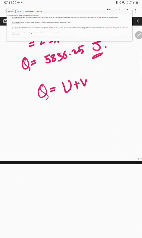 230-moles-of-argon-gas-at-252-k-are-kept-in-a-container-a-if-the-temperature-of-the-gas-is-increased-to-455-k-at-constant-volume-how-much-heat-was-transferred-to-the-gas-the-molar-specific-heat-capaci