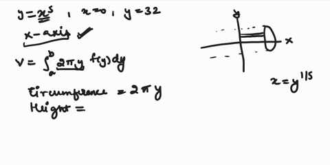 a-use-the-method-of-cylindrical-shells-to-find-the-volume-v-of-the-solid-obtained-by-rotating-the-region-bounded-by-the-given-curves-about-the-x-axis-y-x5-x-0-y-32-the-circumference-of-a-typ-39882