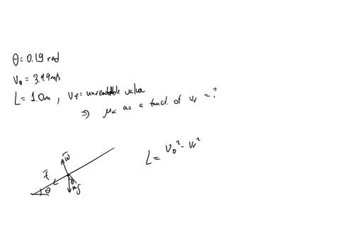 a-mass-m-slides-upward-along-a-rough-plane-surface-inclined-at-angle-theta-019-in-radians-to-the-horizontal-initially-the-mass-has-a-speed-v_0-v-0-349-ms-before-it-slides-a-distance-l-10-m-u-56877