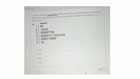 32-quiz-chapter-2-a-random-sample-of-44-statistics-students-were-their-current-gpa-a-stem-and-leaf-diagram-for-the-gpa-is-shown-below-leaf-unit-is-tenths-what-percentage-of-the-students-have-a-gpa-at