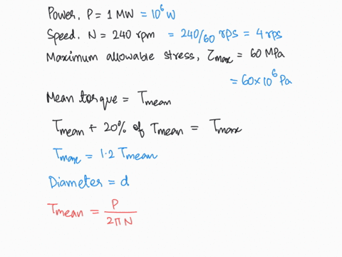 question-a-solid-shaft-is-transmitting-mw-at-240-rpm-determine-the-diameter-of-the-shaft-if-the-maximum-torque-transmitted-exceeds-the-mean-torque-by-20-take-the-maximum-allowable-shear-stre-45856