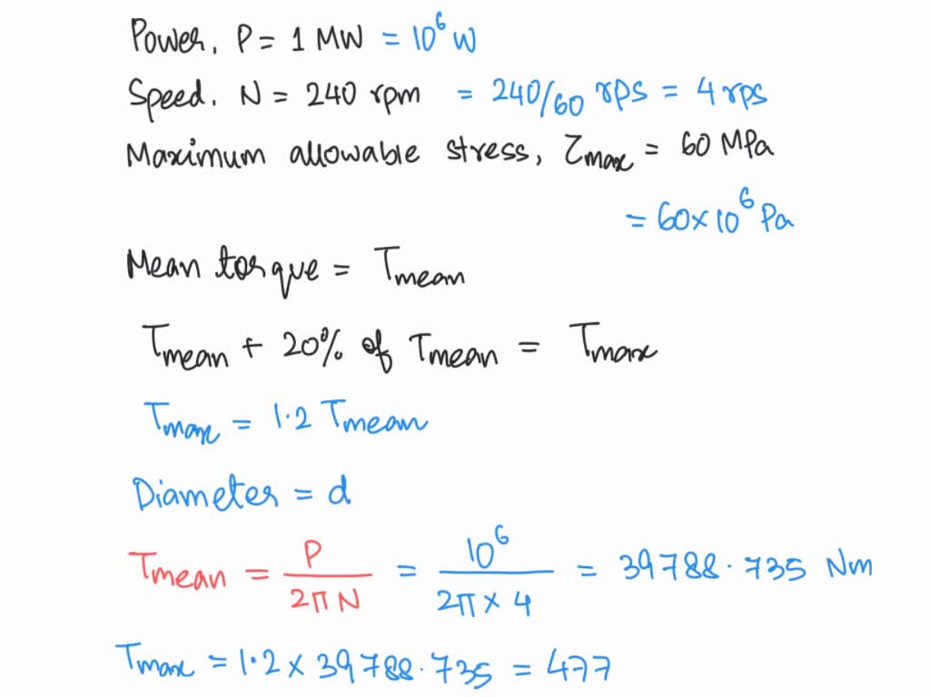 'Question A solid shaft is transmitting MW at 240 rp.m. Determine the diameter of the shaft if