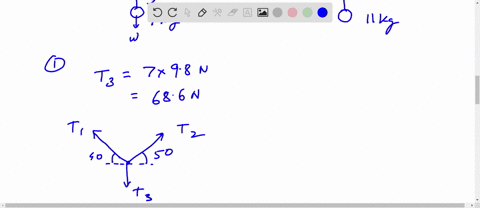 the-figure-below-shows-loads-hanging-from-the-ceiling-of-an-elevator-that-moving-at-constant-velocity-find-the-tension-in-each-of-the-three-strands-of-cord-supporting-each-load-given-that-40-00241