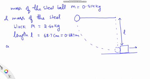 a-steel-ball-of-mass-0514-kg-is-fastened-to-a-cord-687-cm-long-and-is-released-when-the-cord-is-horizontal-at-the-bottom-of-its-path-the-ball-strikes-a-26e-kg-steel-block-initially-at-rest-on-a-fricti