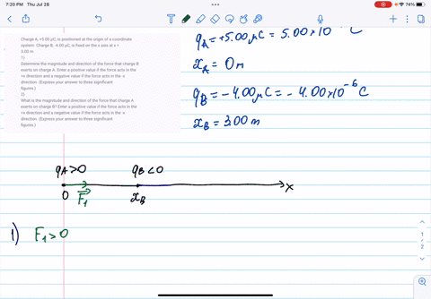 charge-a-500-c-is-positioned-at-the-origin-of-a-coordinate-system-charge-b-400-c-is-fixed-on-the-x-axis-at-x-300-m-1-determine-the-magnitude-and-direction-of-the-force-that-charge-b-exerts-o-89047