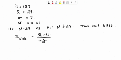a-random-sample-of-127-observations-produced-a-sample-mean-of-29-find-the-critical-and-observed-values-of-z-for-the-following-test-of-hypothesis-using-001-the-population-standard-deviation-i-43536