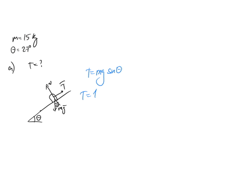 in-the-following-figurea-cord-holds-a-15kg-block-stationary-on-a-frictionless-plane-inclined-at-an-angleof027-awhat-are-the-magnitudes-of-the-force-t-on-the-block-from-the-cord-and-the-norma-15126