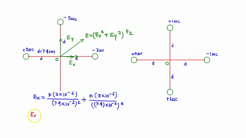 the-drawing-shows-two-situations-in-which-charges-are-placed-on-the-xand-y-axes-they-are-all-located-at-the-same-distance-of-790-cm-from-the-origin-o-for-each-of-the-situations-in-the-drawin-08487