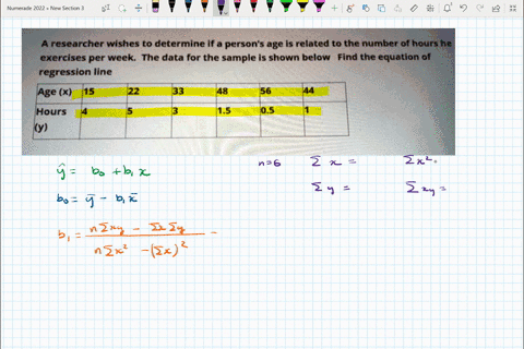 a-researcher-wishes-to-determine-if-persons-age-is-related-to-the-number-of-hours-he-exercises-per-week-the-data-for-the-sample-is-shown-below-find-the-equation-of-regression-iine-age-x-133-42637