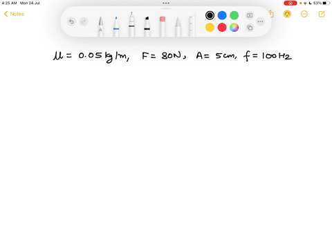 a-harmonic-wave-on-a-string-with-a-linear-mass-density-of-005-kg-m-and-a-tension-of-80-n-has-an-amplitude-of-5-cm-each-section-of-the-string-moves-with-simple-harmonic-motion-at-a-frequency-71929