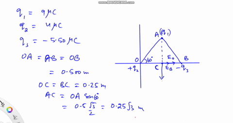 three-charges-are-at-the-corners-of-an-equilateral-triangle-as-shown-in-the-figure-below-calculate-the-electric-field-at-a-point-midway-between-the-two-charges-on-the-x-axis-let-q1-900-c-q2-16417