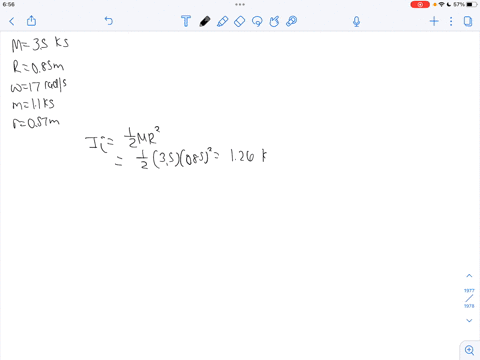 a-solid-disk-of-mass-m-35-kg-and-radius-r-085-m-rotates-in-the-z-y-plane-as-shownif-as-soon-as-the-angular-speed-is-17-rads-the-force-is-immediately-removed-and-a-mass-m-11-kg-is-dropped-at-r-057-m-on